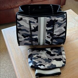 NWT Ah-Dorned Grey Camo Neoprene tote with pouch and shoulder strap